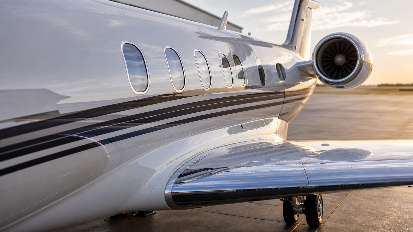Detailed polished executive aircraft exterior surface