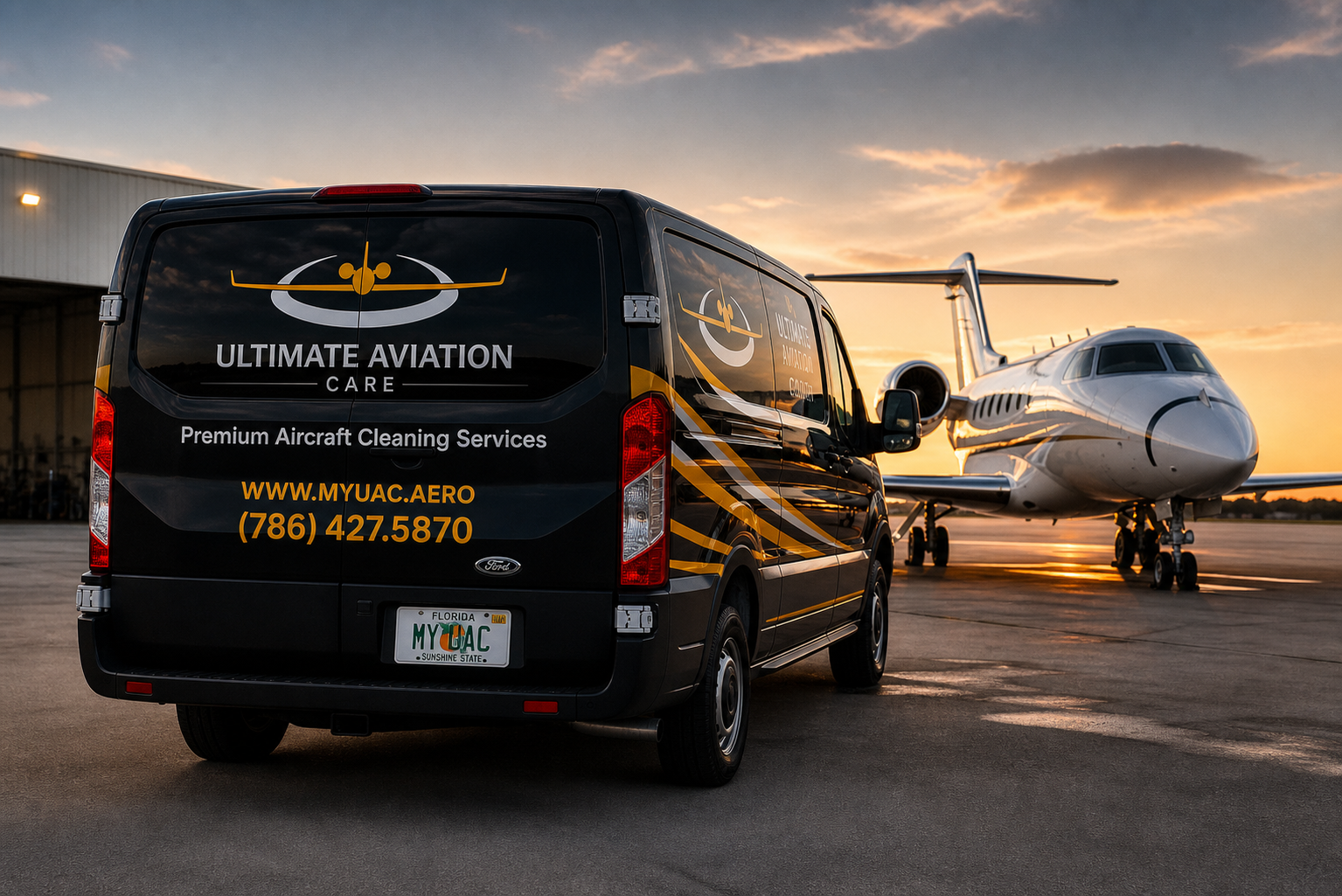 Ultimate Aviation Care mobile service van beside an executive jet